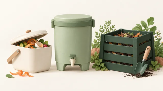 Illustrazione di un contenitore per la raccolta dell'umido, un secchio bokashi con rubinetto e una compostiera da giardino.
